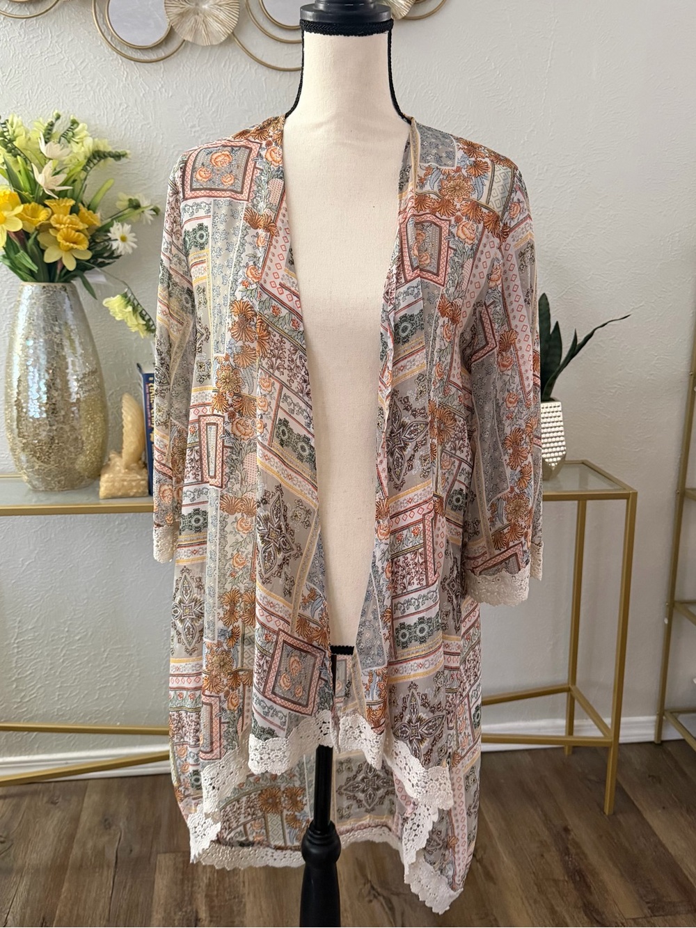 GG Collection Cottage Core Crochet Trim Swim Coverup/Kimono